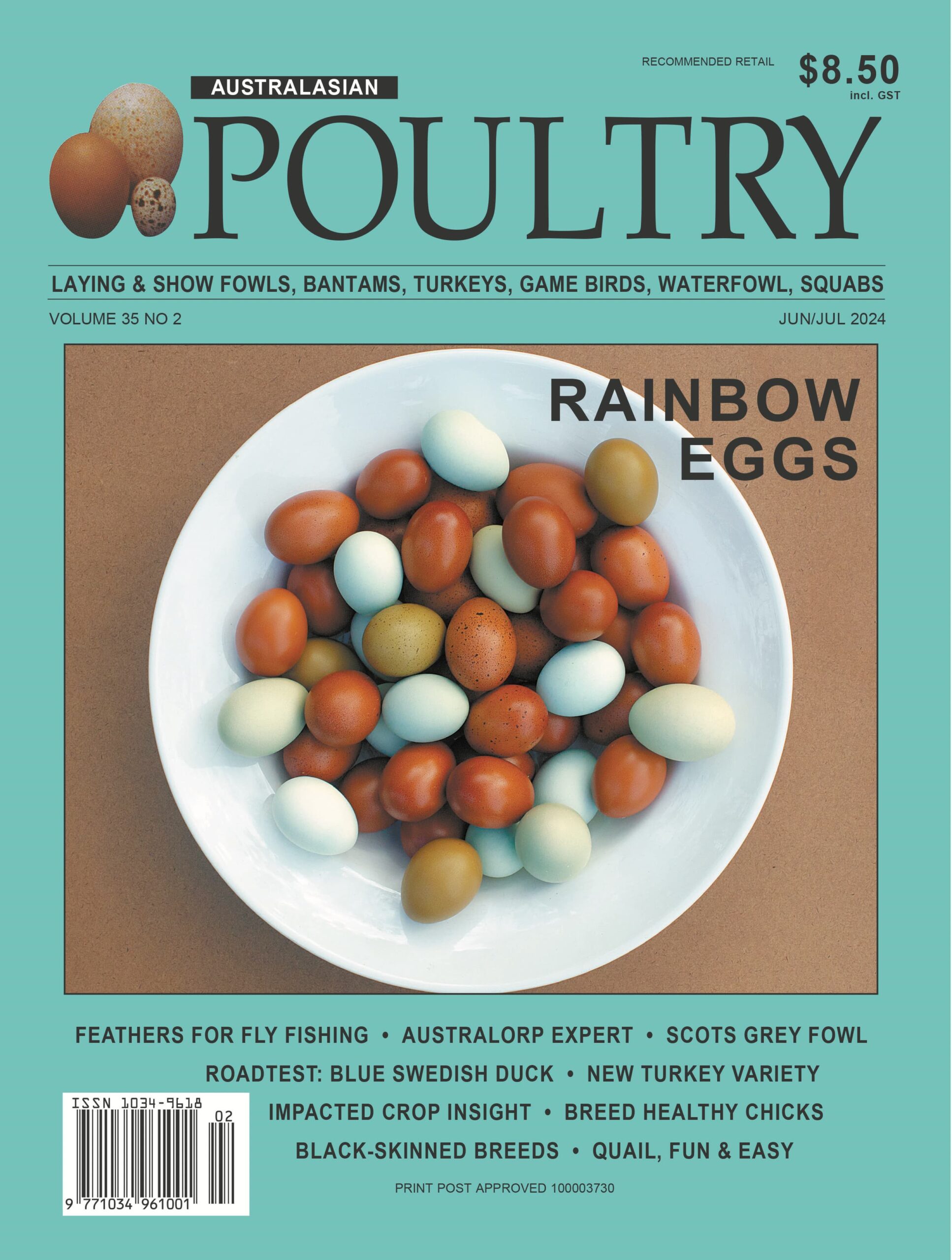 Australasian Poultry magazine cover featuring Lay Me A Rainbow
